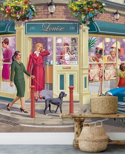 colorful customizable bygone era wallpaper mural called Corner Hairdressers by Victor McLindon for care homes