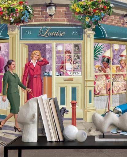colorful customizable bygone era wallpaper mural called Corner Hairdressers by Victor McLindon for care homes