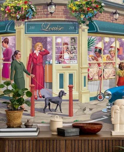 colourful customisable bygone era wallpaper mural called Corner Hairdressers by Victor McLindon for care homes