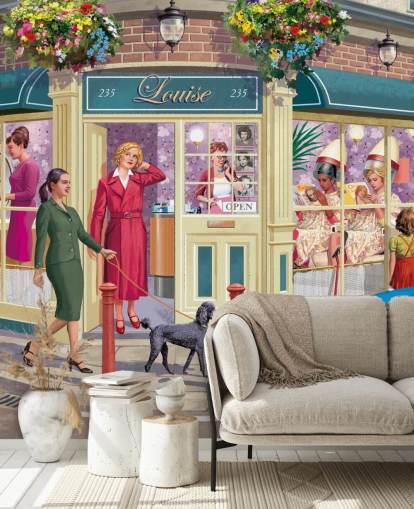 colorful customizable bygone era wallpaper mural called Corner Hairdressers by Victor McLindon for care homes colorful customizable bygone era wallpaper mural called Corner Hairdressers by Victor McLindon for care homes