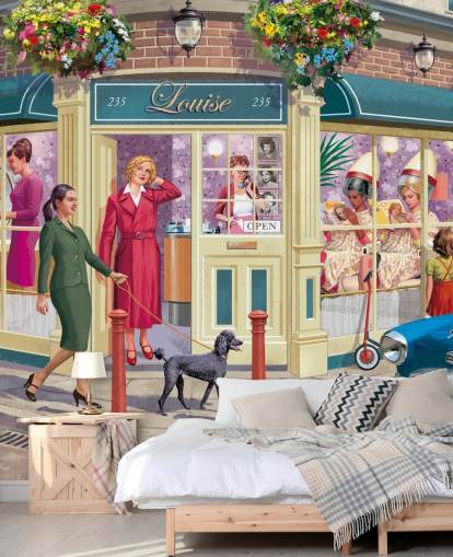 colorido mural de papel pintado personalizable de épocas pasadas llamado Corner Hairdressers de Victor McLindon para residencias de ancianos colorido mural de papel pintado personalizable de épocas pasadas llamado Corner Hairdressers de Victor McLindon para residencias de ancianos