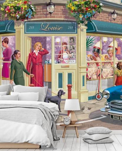 papier peint mural coloré et personnalisable de l'époque révolue appelé Corner Hairdressers par Victor McLindon pour les maisons de retraite