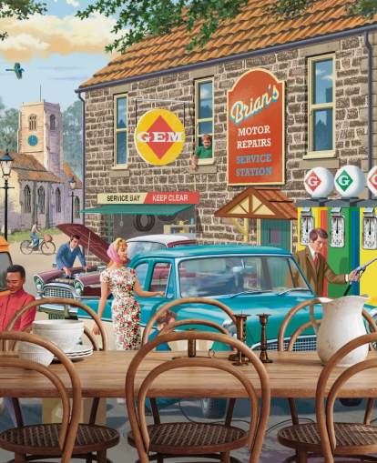 papier peint mural coloré et personnalisable de l'époque révolue appelé Village Petrol Station par Victor McLindon pour les maisons de retraite