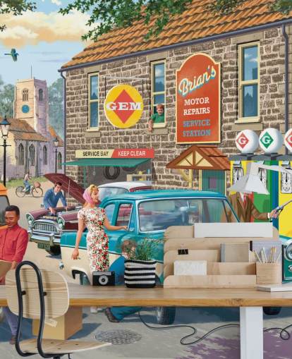 colourful customisable bygone era wallpaper mural called Village Petrol Station by Victor McLindon for care homes