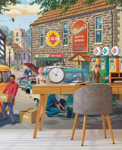 colorido mural de papel pintado personalizable de épocas pasadas llamado Village Petrol Station de Victor McLindon para residencias de ancianos