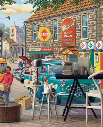 colorido mural de papel pintado personalizable de épocas pasadas llamado Village Petrol Station de Victor McLindon para residencias de ancianos