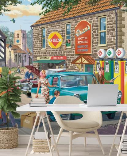 colorido mural de papel pintado personalizable de épocas pasadas llamado Village Petrol Station de Victor McLindon para residencias de ancianos