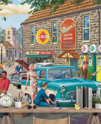 Buntes personalisierbares Tapeten-Wandbild aus vergangenen Zeiten mit dem Titel Village Petrol Station von Victor McLindon für Pflegeheime Buntes personalisierbares Tapeten-Wandbild aus vergangenen Zeiten mit dem Titel Village Petrol Station von Victor McLindon für Pflegeheime