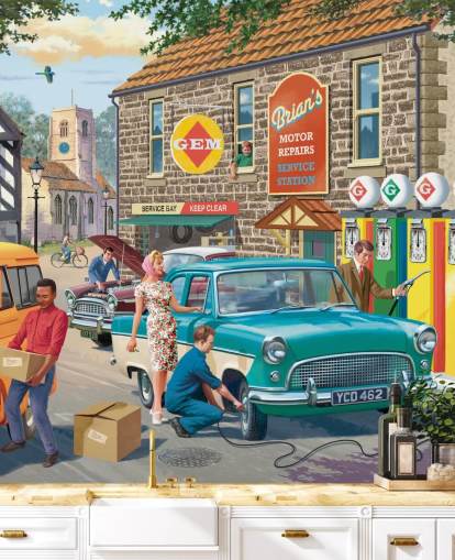 Buntes personalisierbares Tapeten-Wandbild aus vergangenen Zeiten mit dem Titel Village Petrol Station von Victor McLindon für Pflegeheime