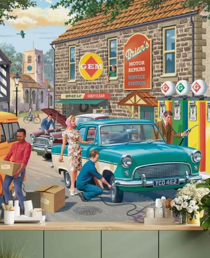 carta da parati murale colorata e personalizzabile di epoca passata chiamata Village Petrol Station di Victor McLindon per case di cura carta da parati murale colorata e personalizzabile di epoca passata chiamata Village Petrol Station di Victor McLindon per case di cura