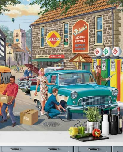 colorful customizable bygone era wallpaper mural called Village Petrol Station by Victor McLindon for care homes