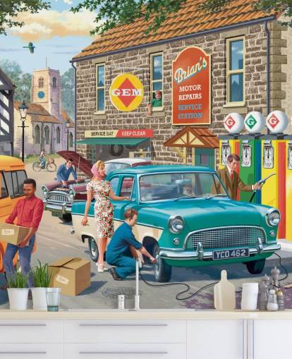 colorful customizable bygone era wallpaper mural called Village Petrol Station by Victor McLindon for care homes