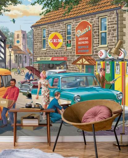 Buntes personalisierbares Tapeten-Wandbild aus vergangenen Zeiten mit dem Titel Village Petrol Station von Victor McLindon für Pflegeheime