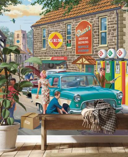 mural de papel de parede colorido e personalizável da era passada chamado Village Petrol Station, de Victor McLindon, para casas de repouso