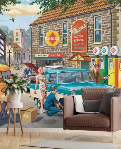 colorful customizable bygone era wallpaper mural called Village Petrol Station by Victor McLindon for care homes colorful customizable bygone era wallpaper mural called Village Petrol Station by Victor McLindon for care homes