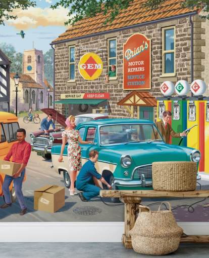 colorido mural de papel pintado personalizable de épocas pasadas llamado Village Petrol Station de Victor McLindon para residencias de ancianos