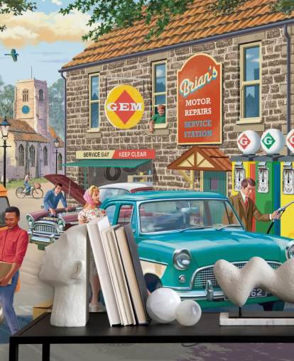 colorful customizable bygone era wallpaper mural called Village Petrol Station by Victor McLindon for care homes