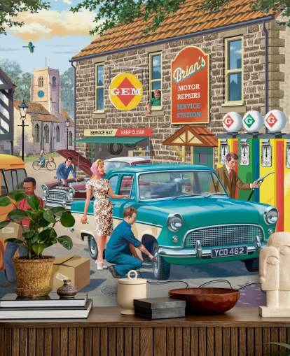 colorful customizable bygone era wallpaper mural called Village Petrol Station by Victor McLindon for care homes
