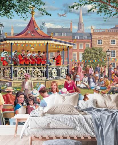 colourful custom bygone era wallpaper mural called Band in the Park by Victor McLindon for care homes