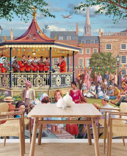 färgglad anpassad tapetväggmålning från svunnen tid som heter Band in the Park av Victor McLindon för vårdhem färgglad anpassad tapetväggmålning från svunnen tid som heter Band in the Park av Victor McLindon för vårdhem