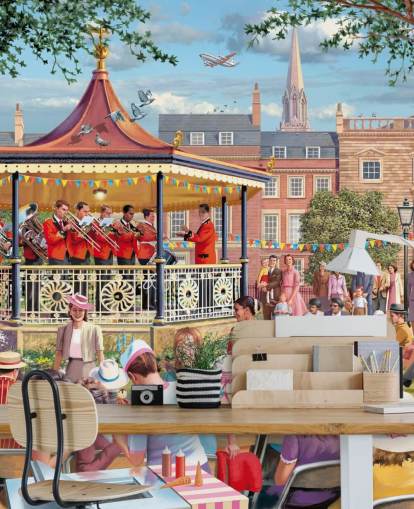 kleurrijke op maat gemaakte behangmuurschildering uit vervlogen tijden genaamd Band in the Park van Victor McLindon voor verzorgingstehuizen