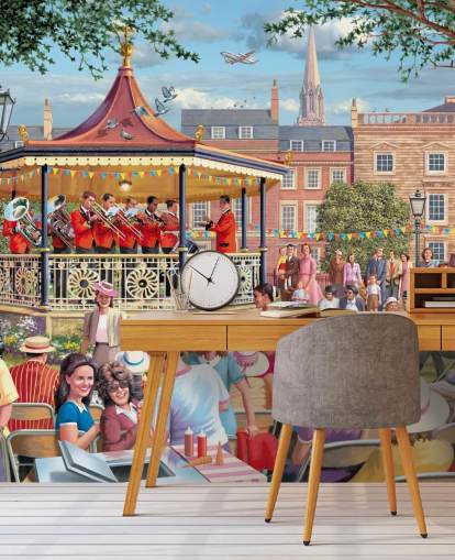 colorido mural de papel pintado personalizado de la época pasada llamado Band in the Park de Victor McLindon para residencias de ancianos