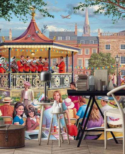 colorful custom bygone era wallpaper mural called Band in the Park by Victor McLindon for care homes