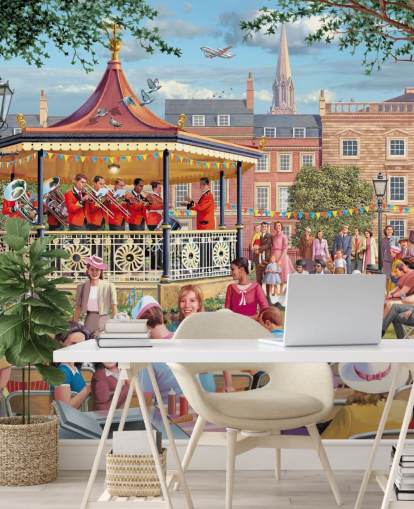 colorful custom bygone era wallpaper mural called Band in the Park by Victor McLindon for care homes