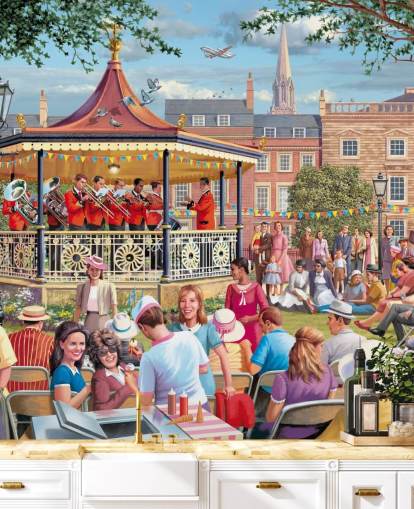 colourful custom bygone era wallpaper mural called Band in the Park by Victor McLindon for care homes