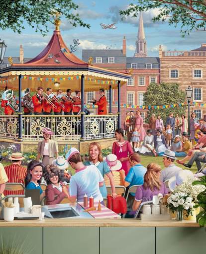 colourful custom bygone era wallpaper mural called Band in the Park by Victor McLindon for care homes