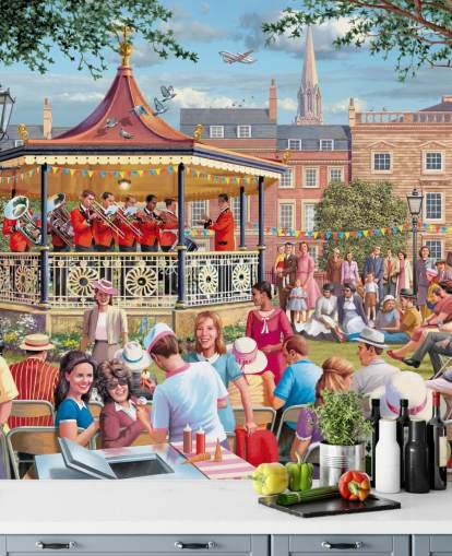 colorful custom bygone era wallpaper mural called Band in the Park by Victor McLindon for care homes