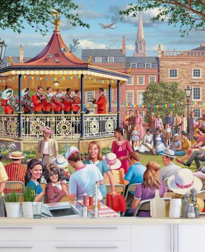 colorful custom bygone era wallpaper mural called Band in the Park by Victor McLindon for care homes colorful custom bygone era wallpaper mural called Band in the Park by Victor McLindon for care homes