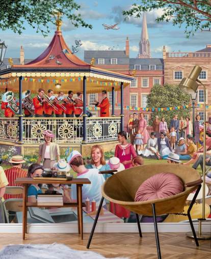 colorful custom bygone era wallpaper mural called Band in the Park by Victor McLindon for care homes