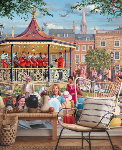 papier peint mural coloré personnalisé de l'époque révolue appelé Band in the Park par Victor McLindon pour les maisons de retraite