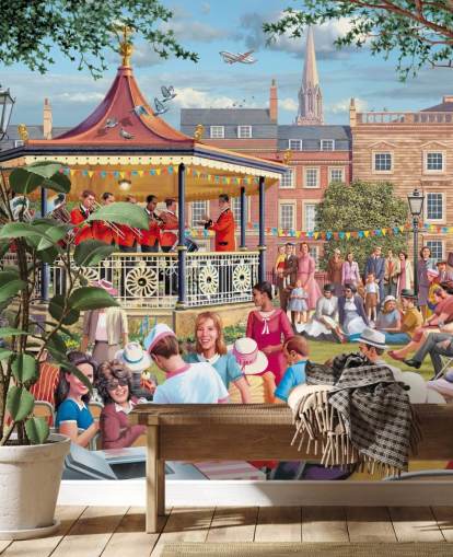 colorful custom bygone era wallpaper mural called Band in the Park by Victor McLindon for care homes
