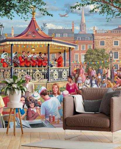 colorful custom bygone era wallpaper mural called Band in the Park by Victor McLindon for care homes
