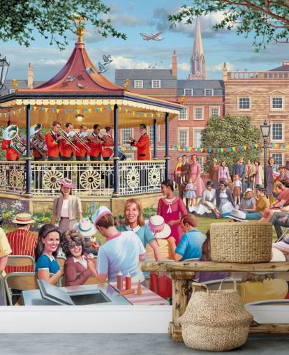 colorful custom bygone era wallpaper mural called Band in the Park by Victor McLindon for care homes