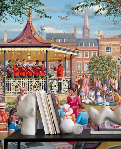 colorful custom bygone era wallpaper mural called Band in the Park by Victor McLindon for care homes