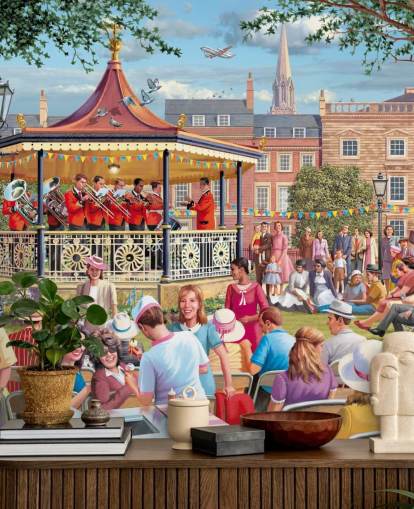 colorful custom bygone era wallpaper mural called Band in the Park by Victor McLindon for care homes