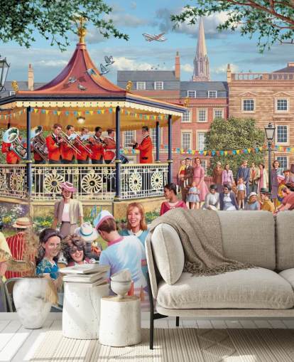 Victor McLindonin värikäs mukautettu menneiden aikakausien taustakuvamaalaus nimeltä Band in the Park hoitokodeille