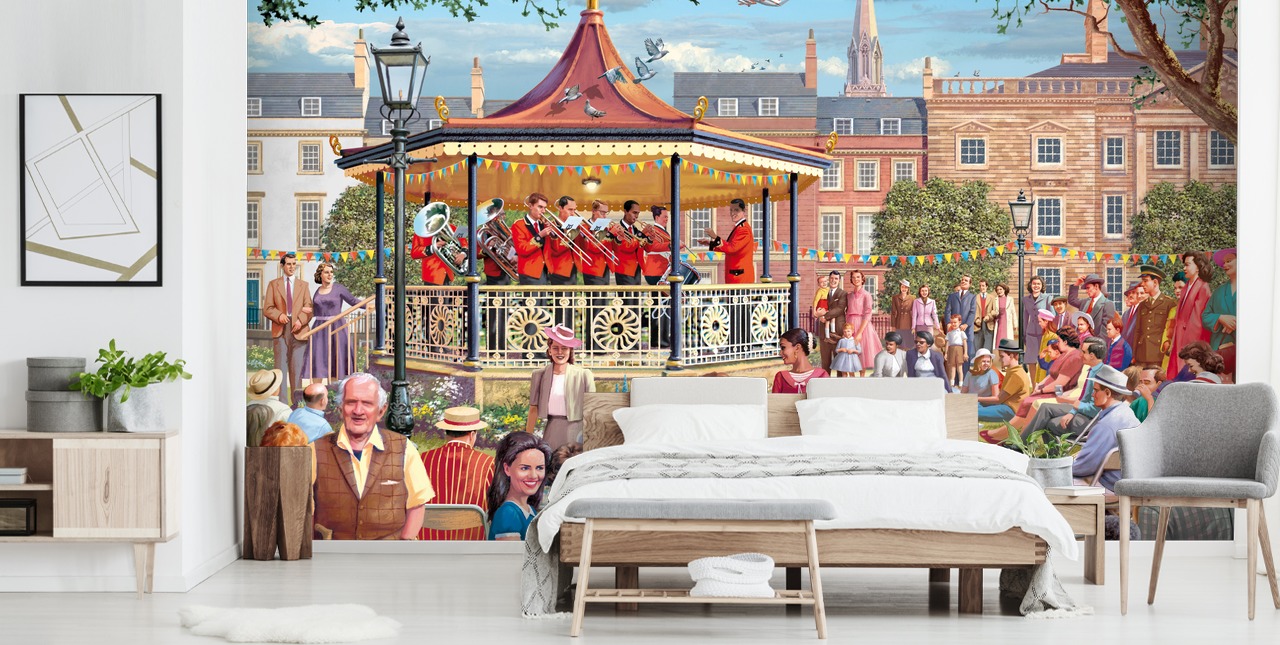 papier peint mural coloré personnalisé de l'époque révolue appelé Band in the Park par Victor McLindon pour les maisons de retraite