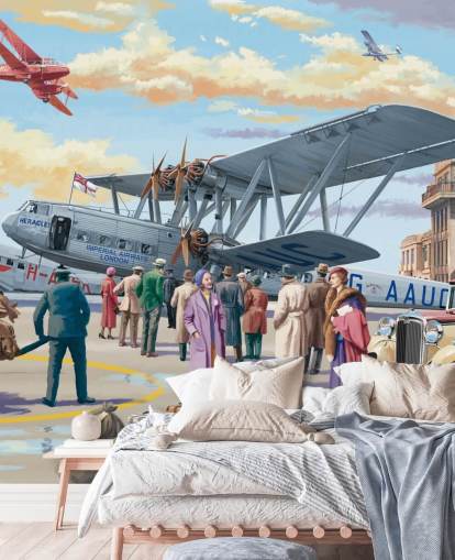 colorido mural de papel pintado personalizable de épocas pasadas llamado Vintage Air Show de Victor McLindon para residencias de ancianos colorido mural de papel pintado personalizable de épocas pasadas llamado Vintage Air Show de Victor McLindon para residencias de ancianos