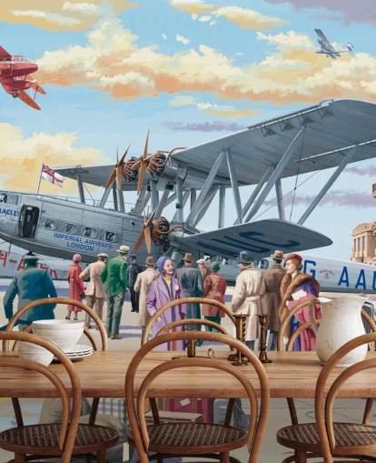 colourful customisable bygone era wallpaper mural called Vintage Air Show by Victor McLindon for care homes colourful customisable bygone era wallpaper mural called Vintage Air Show by Victor McLindon for care homes