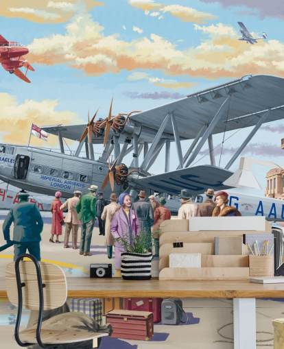 colorful customizable bygone era wallpaper mural called Vintage Air Show by Victor McLindon for care homes colorful customizable bygone era wallpaper mural called Vintage Air Show by Victor McLindon for care homes