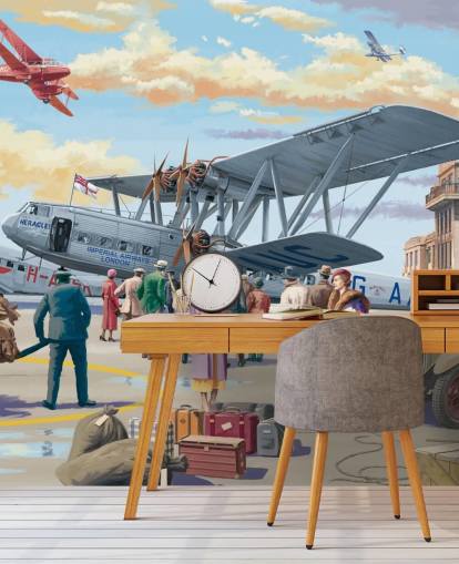 colorido mural de papel pintado personalizable de épocas pasadas llamado Vintage Air Show de Victor McLindon para residencias de ancianos