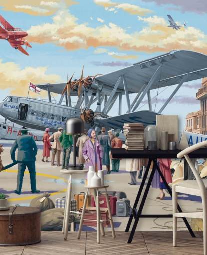 colorful customizable bygone era wallpaper mural called Vintage Air Show by Victor McLindon for care homes