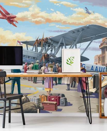 colourful customisable bygone era wallpaper mural called Vintage Air Show by Victor McLindon for care homes