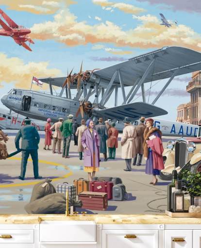 colourful customisable bygone era wallpaper mural called Vintage Air Show by Victor McLindon for care homes