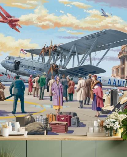 colorido mural de papel pintado personalizable de épocas pasadas llamado Vintage Air Show de Victor McLindon para residencias de ancianos