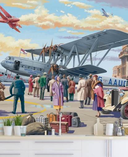 colorful customizable bygone era wallpaper mural called Vintage Air Show by Victor McLindon for care homes